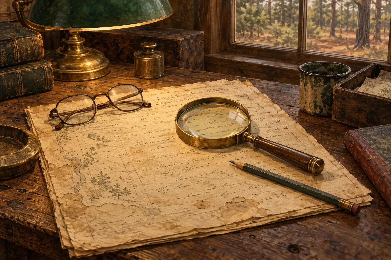 Illustration of a recorded instrument, pencil and magnifying glass on a desk.