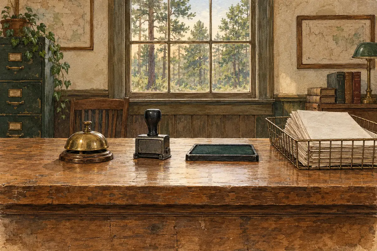 Watercolor of a county clerk's counter with a brass bell, a rubber stamp and a wire tray of papers, pines outside the window.