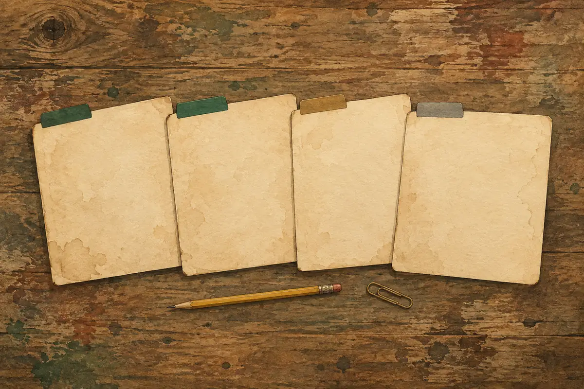 Watercolor of four manila folders with colored tabs fanned on a table.