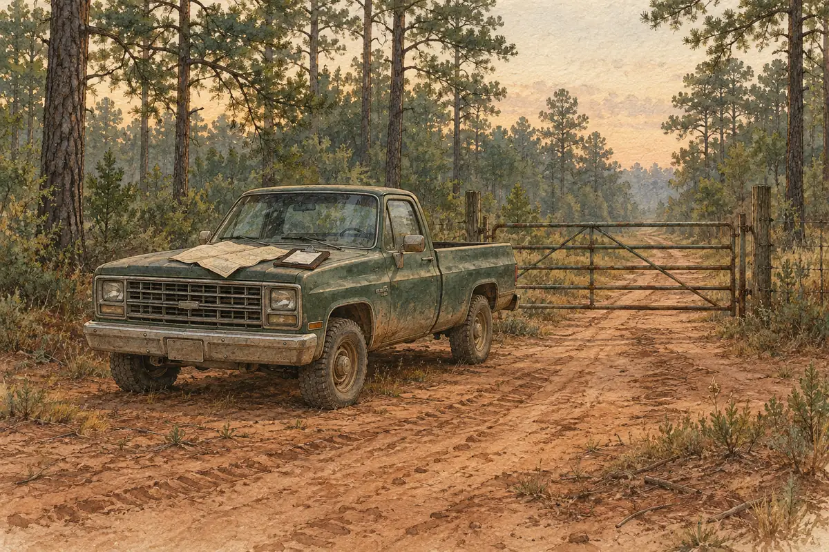 Watercolor of a pickup truck beside a closed pipe gate on a red dirt lease road in the pines.